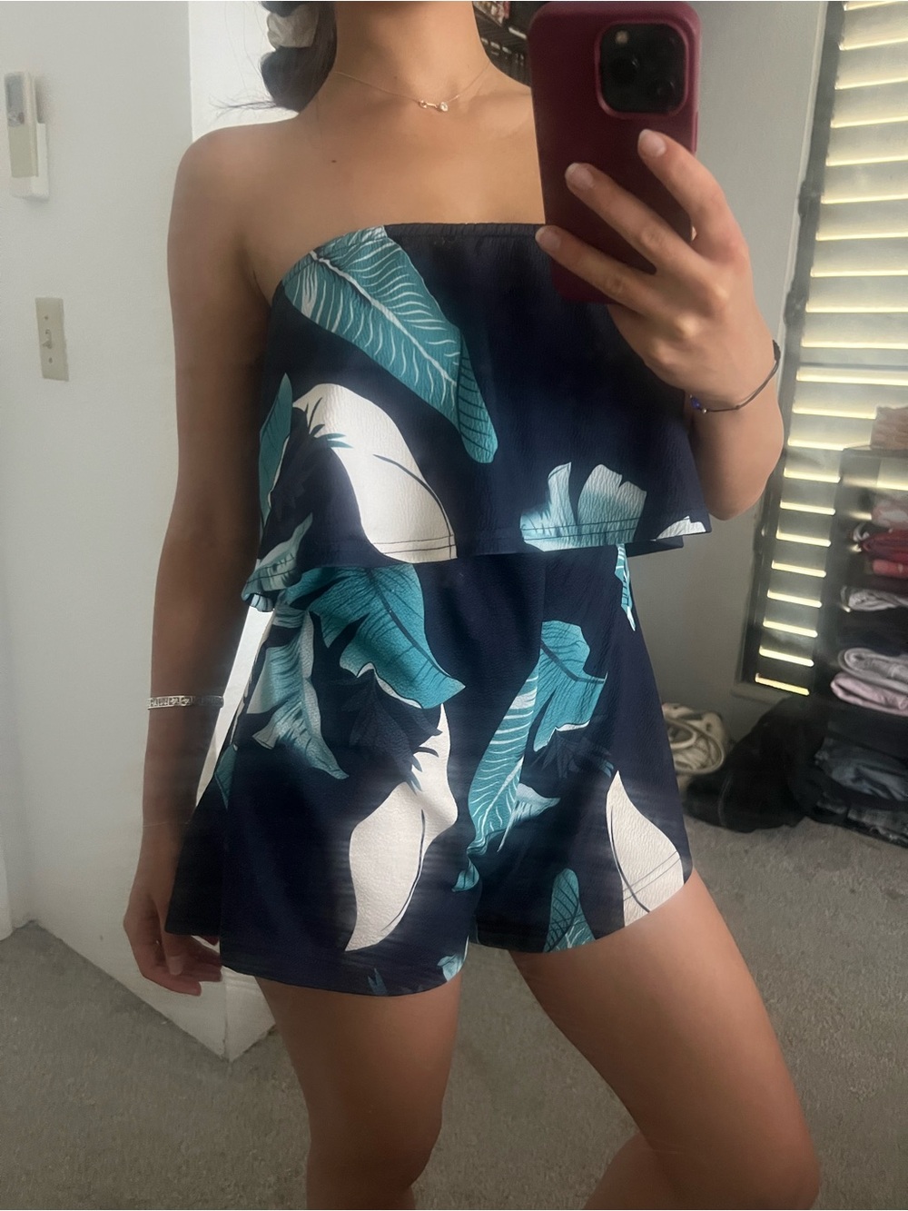 Strapless Navy Tropical Print Romper Dress